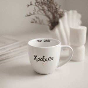 Biały Kubek Porcelanowy 300 ml - Napis Dzień Dobry Kochanie ze Złotym Sercem dla Ukochanej Osoby na Rocznicę