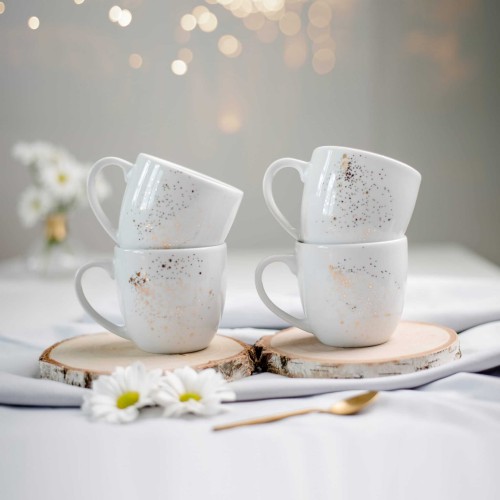 Biały zestaw porcelanowy nadzwyczajnie.mom ze złotym zdobieniem i napisem 4 kubków 300 ml - nakrapianych złotem — 300 ml