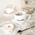 Biały kubek porcelanowy 300 ml - napis dzień dobry misiu i złote serce na rocznicę dla ukochanej osoby Zbliżenie na złote zdobienie serca na białym kubku porcelanowym Dzień dobry misiu nadzwyczajnie.mom