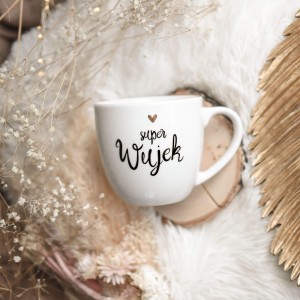 Biały kubek porcelanowy 300 ml - napis super wujek z motywem złotego serca na urodziny dla wujka