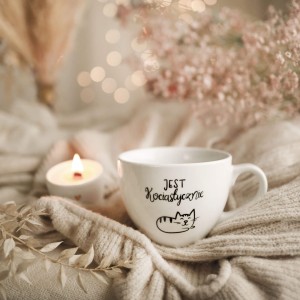 Biały kubek porcelanowy 500 ml - motyw kota dla kociary na urodziny