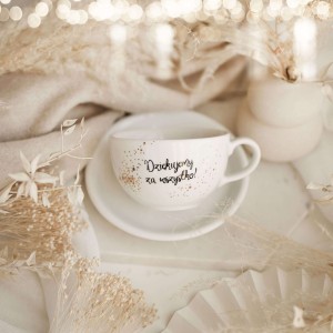 Biała Filiżanka Porcelanowa 250 ml ze Spodkiem - Napis Dziękujemy za Wszystko dla Nauczycielki na Zakończenie Roku Szkolnego