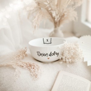 Biała miska porcelanowa - napis Dzień dobry misiu ze złotym sercem dla ukochanej osoby na rocznicę związku